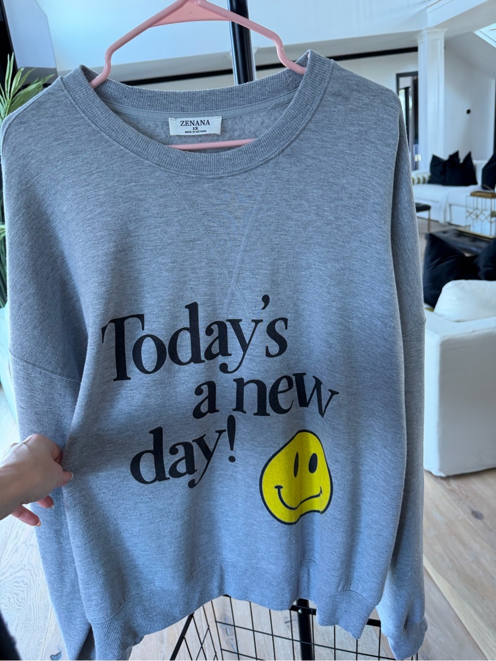 Zenana Outfitters Gray Graphic Sweatshirt with Yellow Smiley